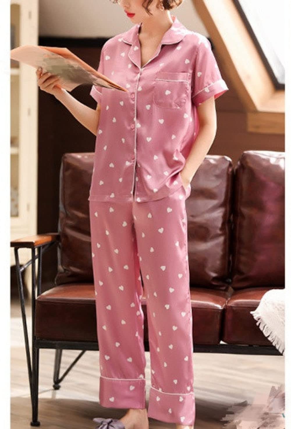Pyjama Damen,Rosa Satin-Pyjama-Set Mit Herzmuster Damen Damen-Pyjama-Set Loungewear-Sets 2-Teilige Strickjacke Nachtwäsche Weicher Loungewear-Kurzarm-Pyjama Für Frauen