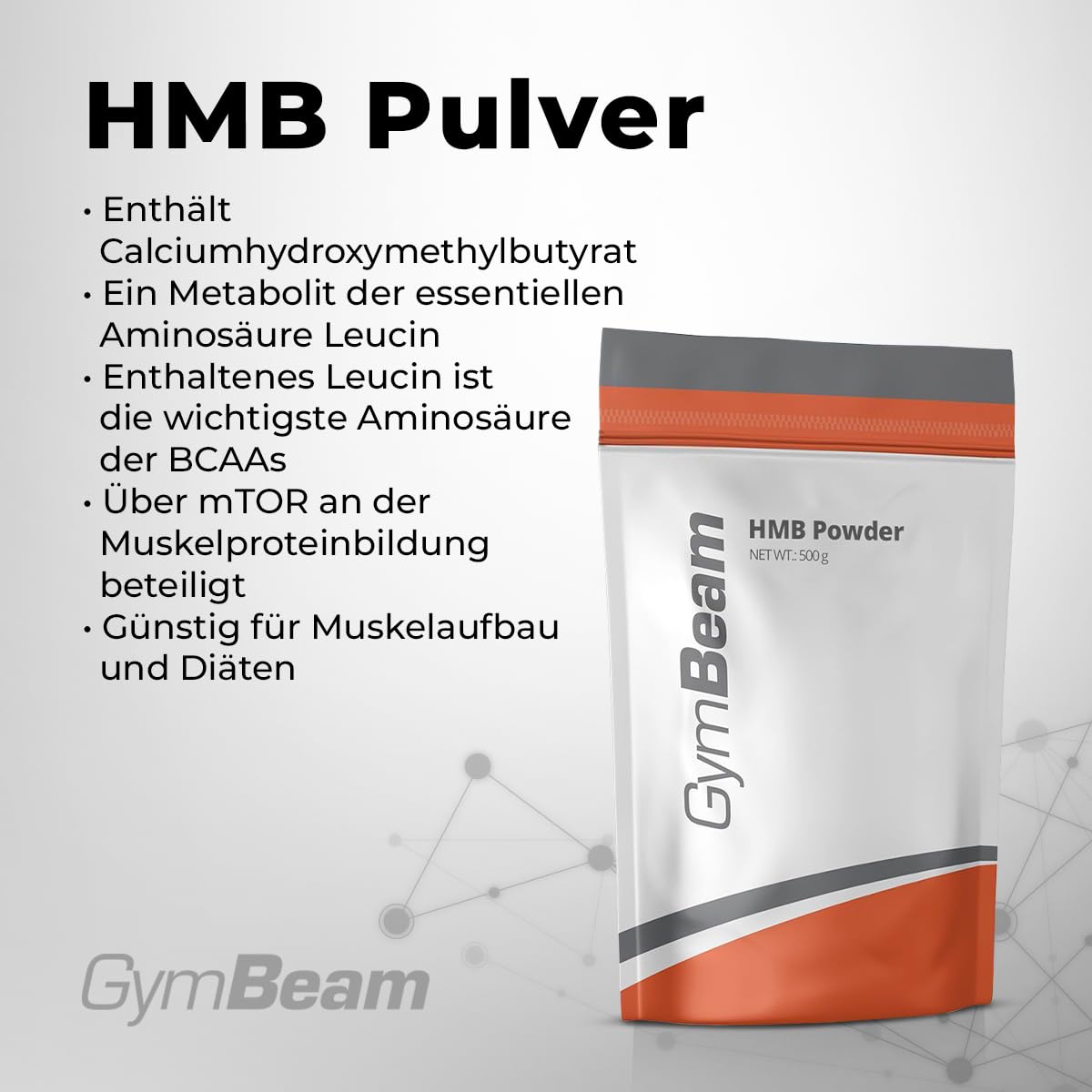 GymBeam HMB Pulver - Hochwertiges Hydroxybetamethylbutyrat, Aminosäuren-Supplement, essentieller Leucin Metabolit mit anabolem Potenzial, unterstützt mTOR-Signalweg-Aktivierung, 300g
