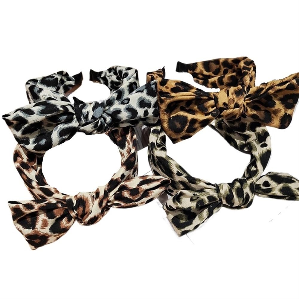 4 fasce per capelli con fiocco con stampa leopardata, in tessuto vintage, con orecchie di coniglio, fasce per capelli a bordo largo