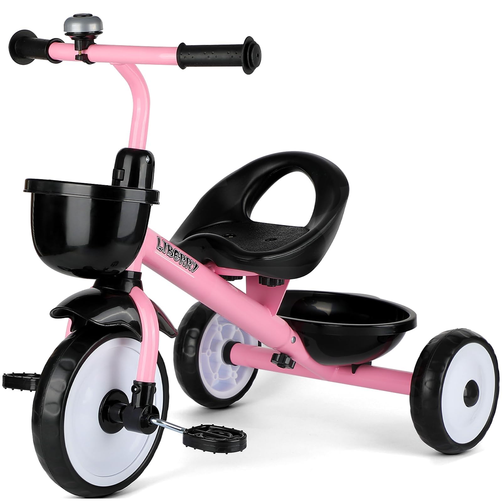 Liberry Toddler Tricycle for Girls 2 3 4 Years Old, Kids Trike with Bell, Front Back Basket and Removable Pedal, 3 Wheel Bike Ourdoor Indoor Riding Toy Gift for Boys 18-24 Months, Pink