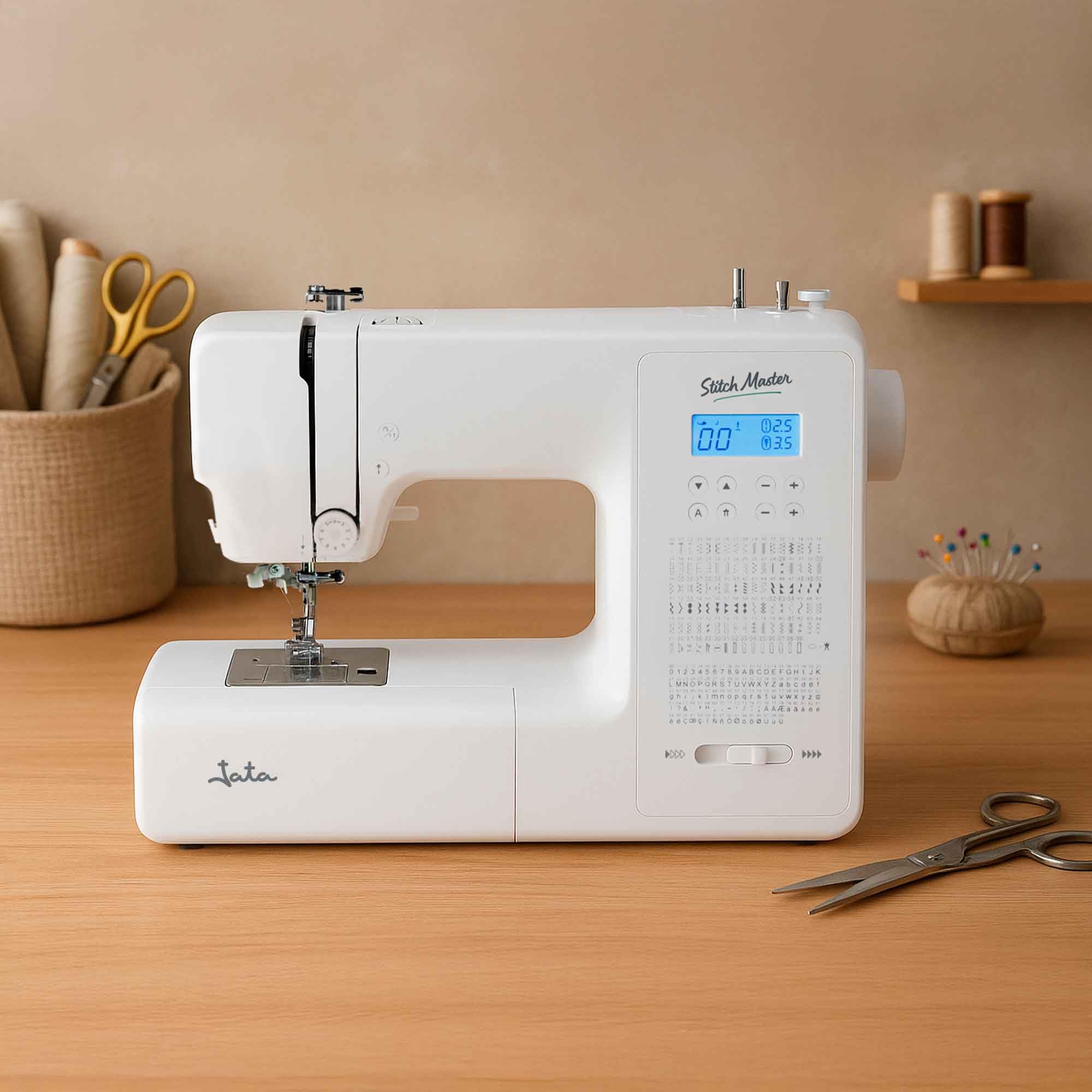 JATA JSMC1120 - Máquina de Coser 270 puntadas | 100 alfanuméricas, 91 decorativas y 8 ojales automáticos | Cose vaqueros y tejidos gruesos | Doble aguja, brazo libre y luz LED | Compacta. Fácil uso