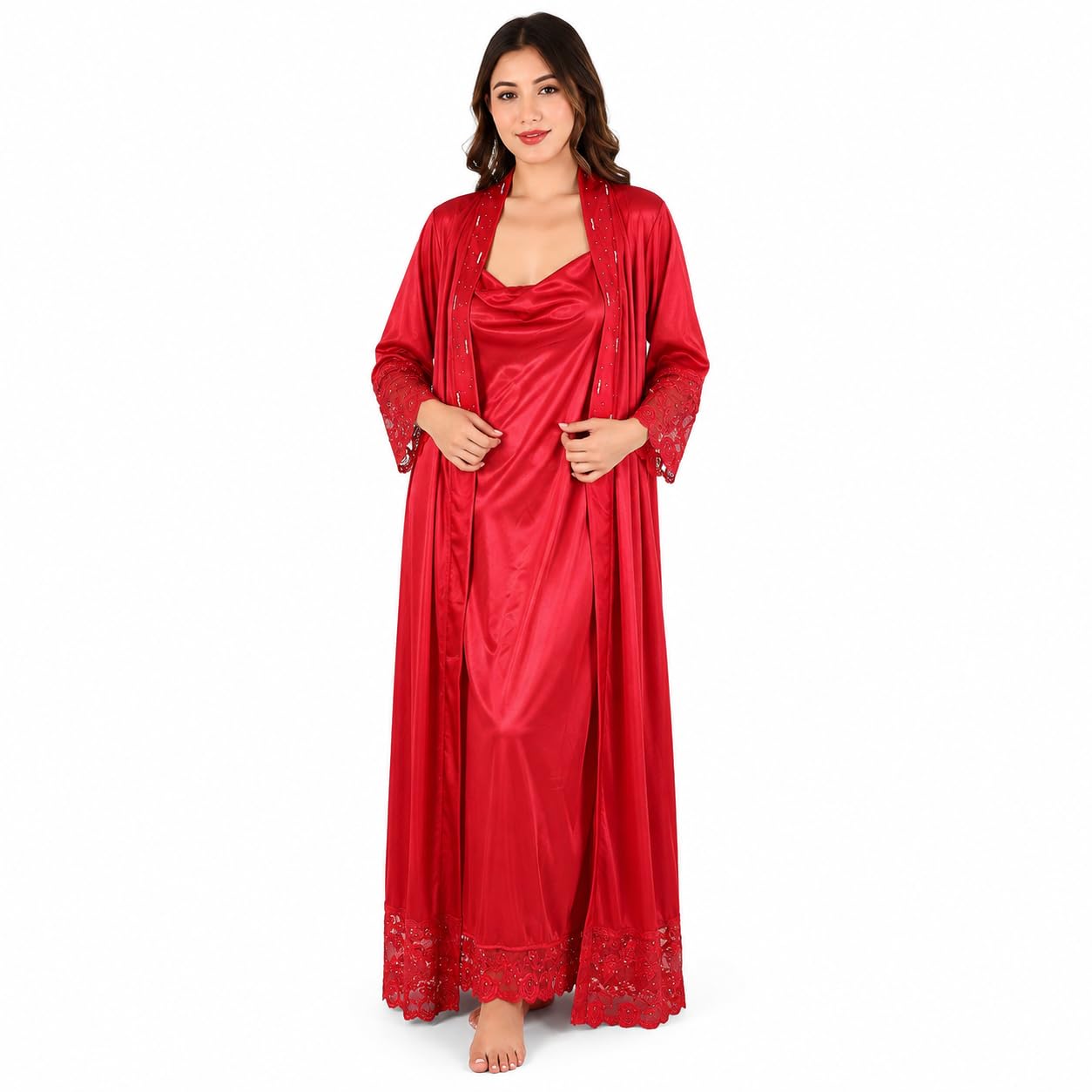 Women Satin Nightdress with Crystal and Lace Work-image-17