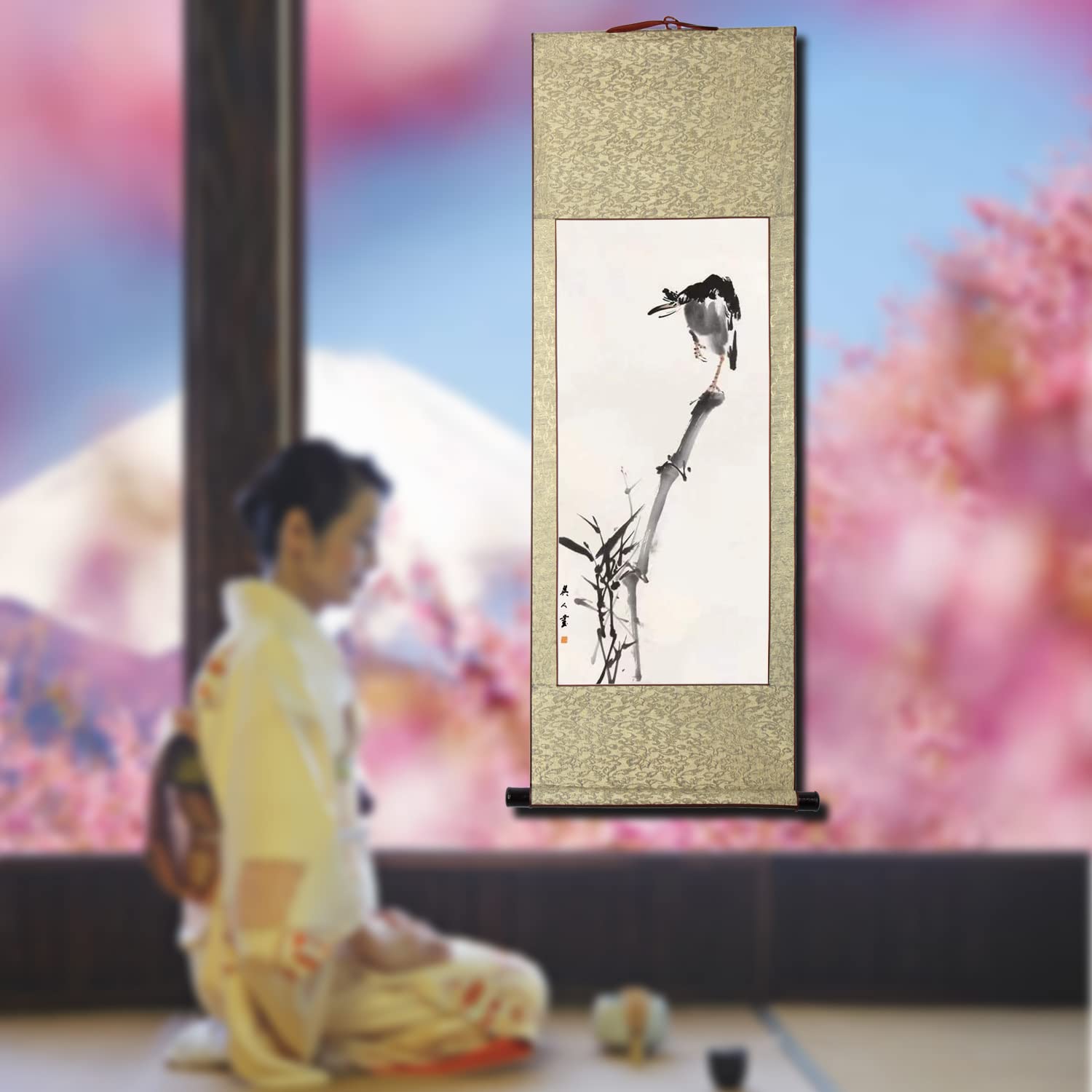 Amazon.co.jp: 画家手描き 掛軸 掛け軸 おしゃれ 水墨画 花鳥図 四季