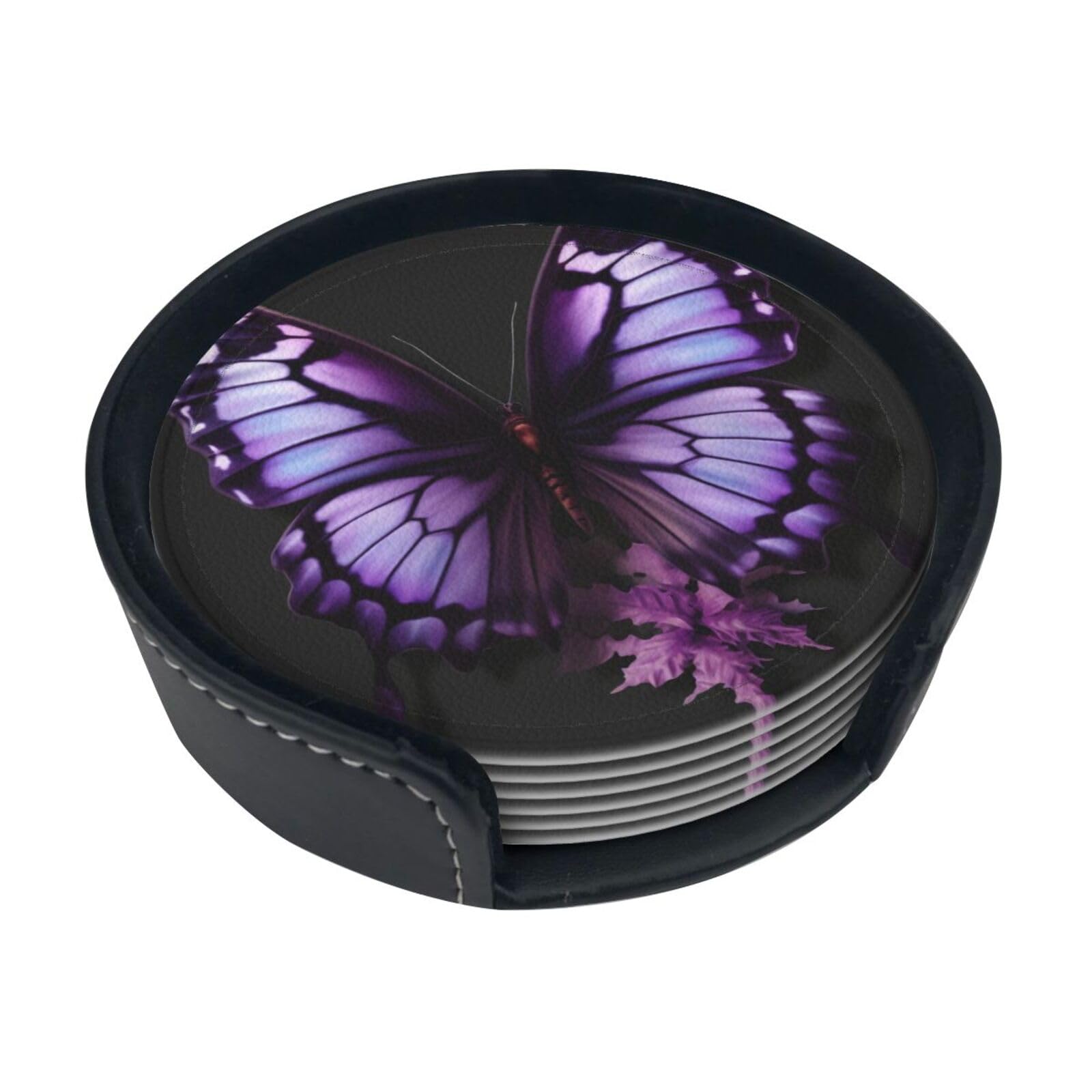 Ykclkshka White Purple Butterfly Round Leather Coasters (6 Pieces) - Drink Coaster Set For Desk, Modern Easy To Clean Home Office & Farmhouse Coasters