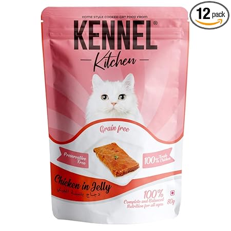 Kennel Kitchen Grain Free Wet Cat Food for Adults and Kittens, Chicken in Jelly, 12 Pouches (12 x 80 GMS)