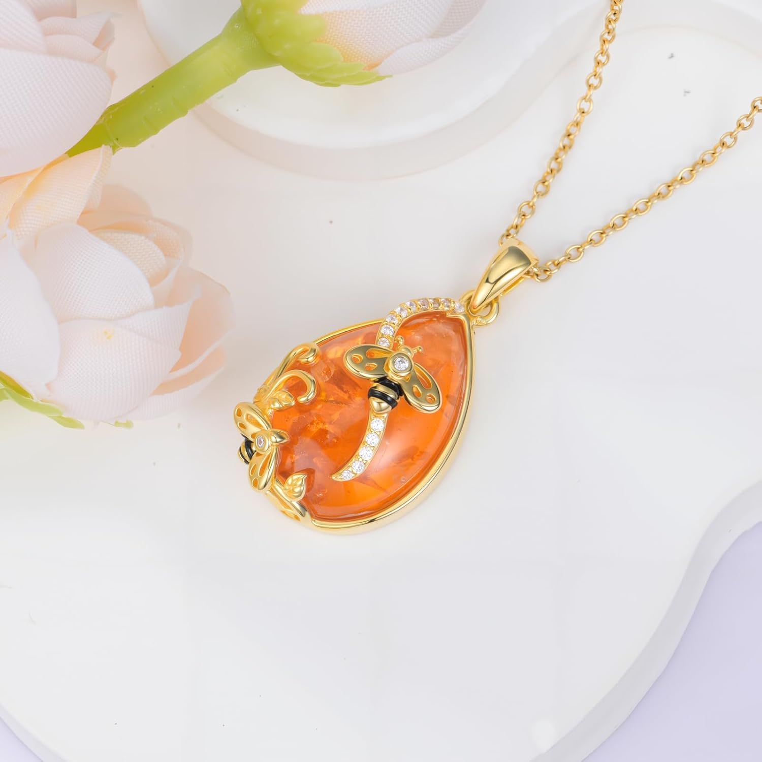 RMREWY Amber Bee Necklace 925 Sterling Silver Yellow Gold Memorial Dainty Cute Animal Bumble Bee Teardrop Christmas Mother's Day for Women Mom - Image 3