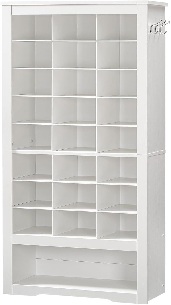 HOOBRO Tall Shoe Cabinet, 9 Tier Shoe Storage Cabinet, Freestanding Wooden Shoe Cabinet Organizer with 24 Cubbies and 3 Hooks, for Entryway, Closet, Living Room, White WT24SC01