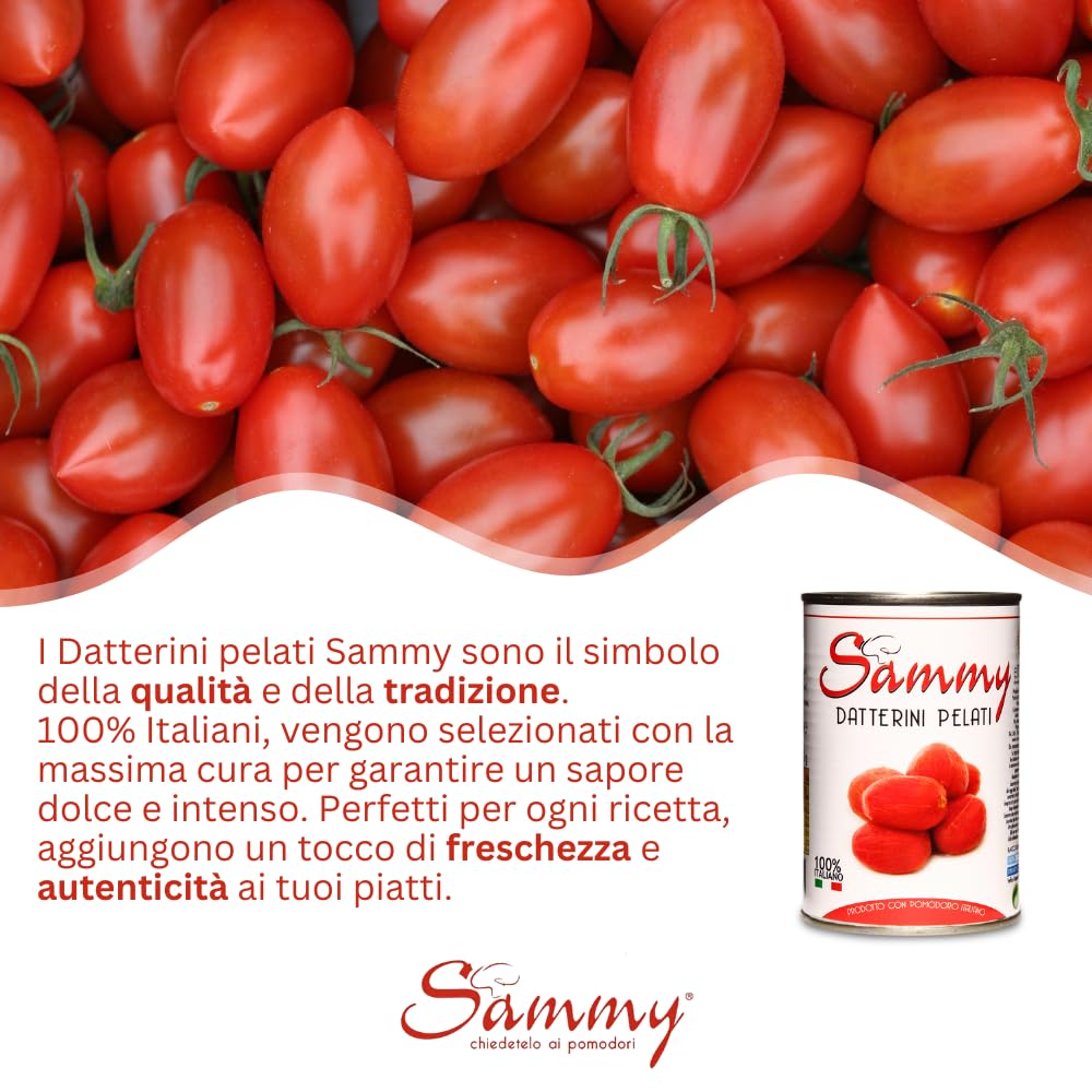 SAMMY - I Datterini Pelati, Pomodorino Datterino Pelato in Succo di Pomodoro, 100% Filiera Italiana, Gusto Dolce e Intenso, 12 Pezzi in Latta da 400gr