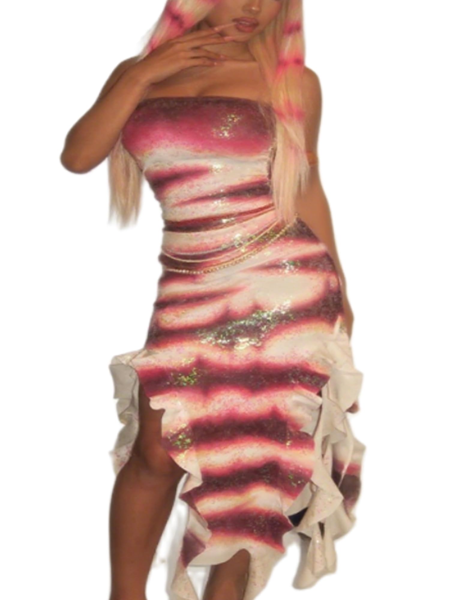 Acrawnni Women Halloween Shark Tale Lola Costume Dress Sequin Asymmetric Ruffle Hem Strapless Fish Cosplay Maxi Dresses (A-Multicolor, L)