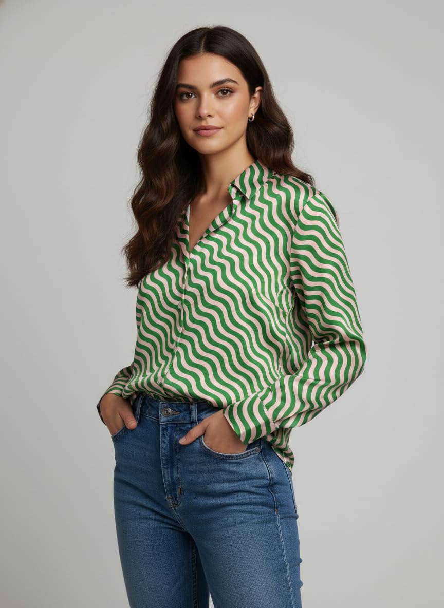 ANNI Designer Bedrucktes Damenhemd aus Baumwollmischgewebe, langärmelig, normale Passform, Hemdkragen, legere Bürokleidung, elegante Western-Kleidung für den Alltag, Hochzeit, Party