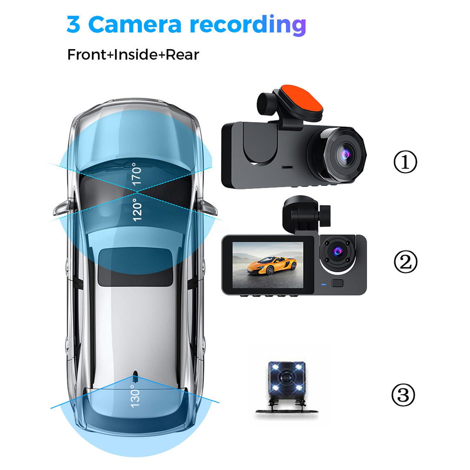 Dash Cam a 3 1080P Anteriore e Posteriore Interna con Grandangolo | Custodia in ABS, Schermo IPS da 2,0 Pollici, Batteria da 320 MAh, Supporta la Registrazione con Avvio Automatico da 32 GB