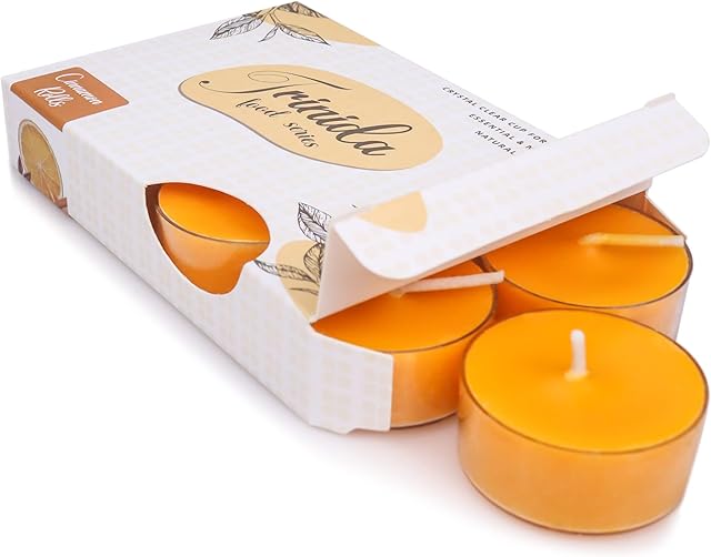 Cinnamon & Orange Scented Tea Light Candles - Transparent Clear Cup Scented Tealights 6 Pack, 4 Hour Burn Time - Smokeless Pure Soy Wax Tea Lights for Spa, Romantic Decor, Dinner and Home Decor