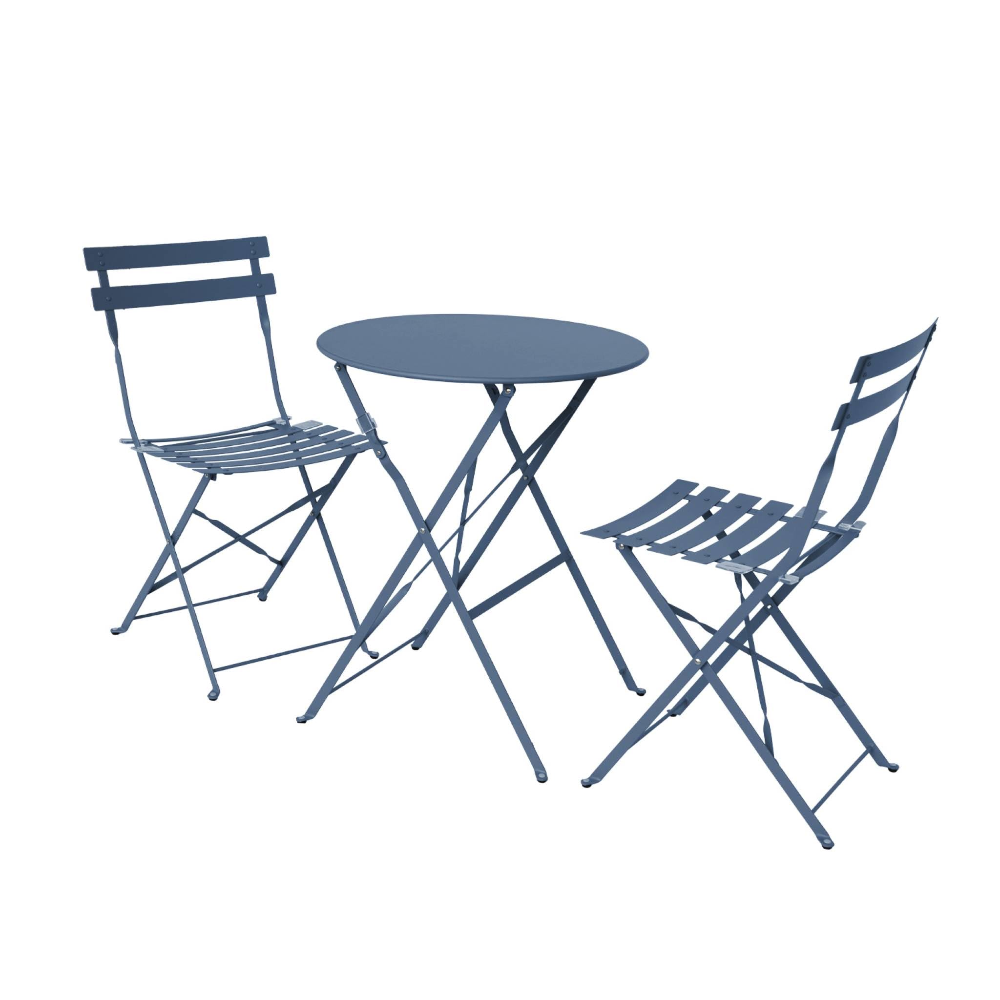 Alice's Garden sweeek - Table de Jardin bistrot Pliante métal + 2 assises Bleu grisé Ø60 x 70cm. Acier thermolaqué