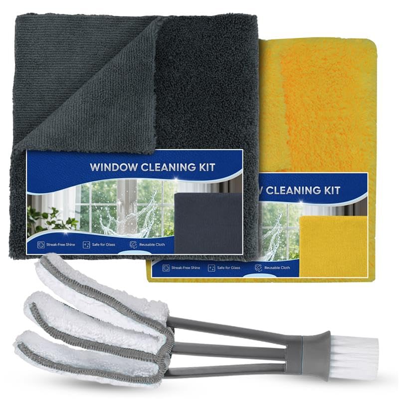 Towelogy Window Cleaning Kit – 2x Dual-Sided Microfibre Cloths (40x40cm) + Blind Duster Brush – Reusable, Streak-Free Glass Cleaner for Home, Mirrors & Windows (3, Grey/Yellow Kit)