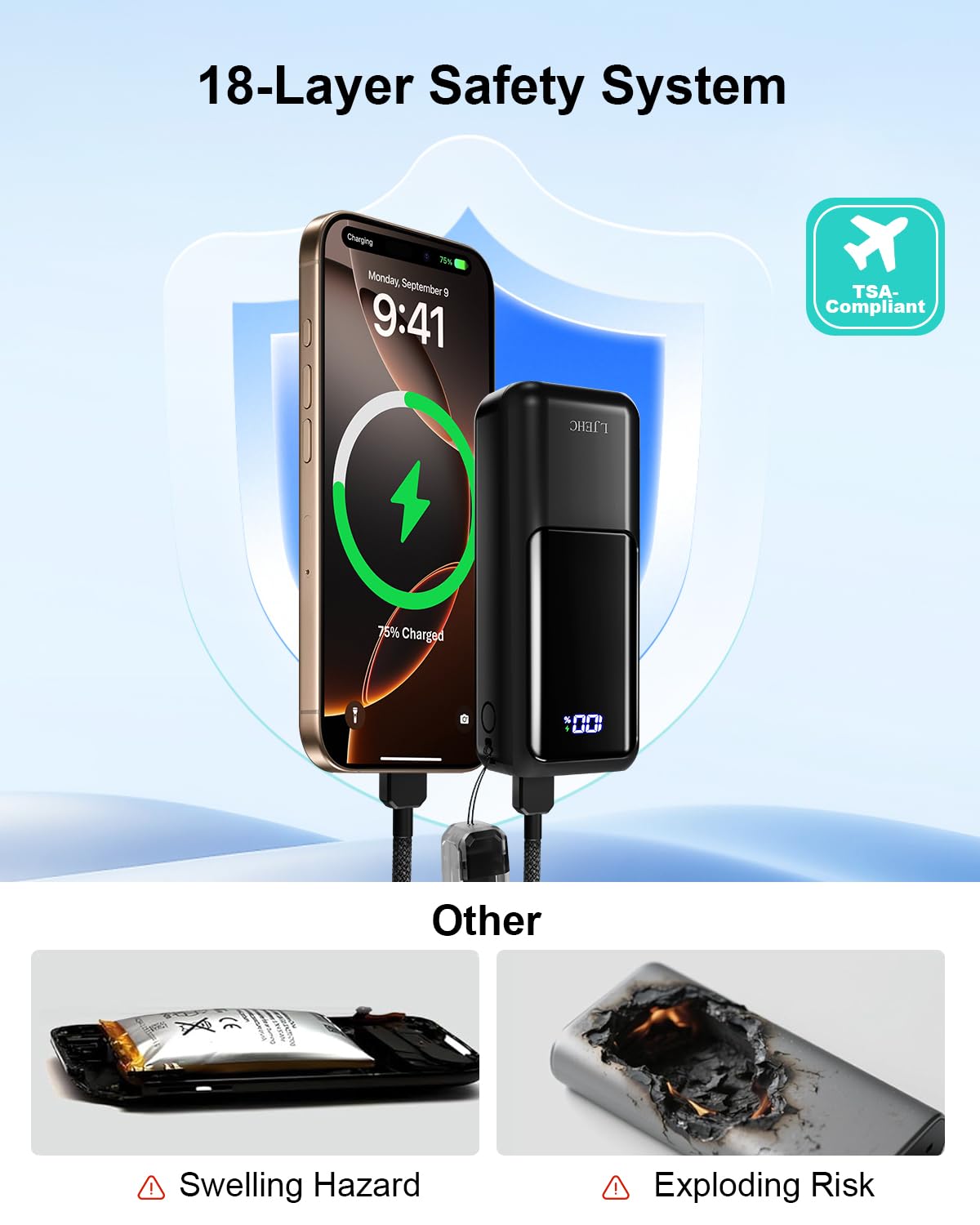 Mini cargador portátil, tamaño de bolsillo de 10000 mAh, 22,5 W, cargador de carga rápida, cable USB C desmontable integrado, paquete de batería ultra pequeño, cargador de viaje para iPhone 17/16/15