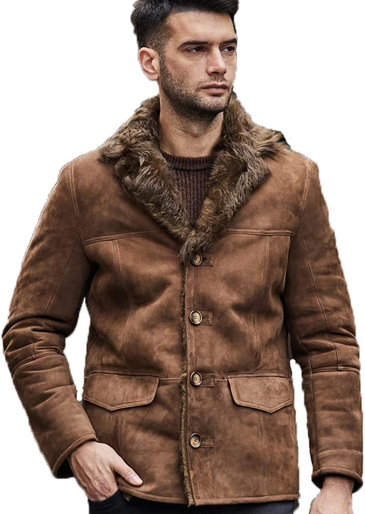 Denny&Dora Mens Shearling Suede Jacket Suit Collar Mid