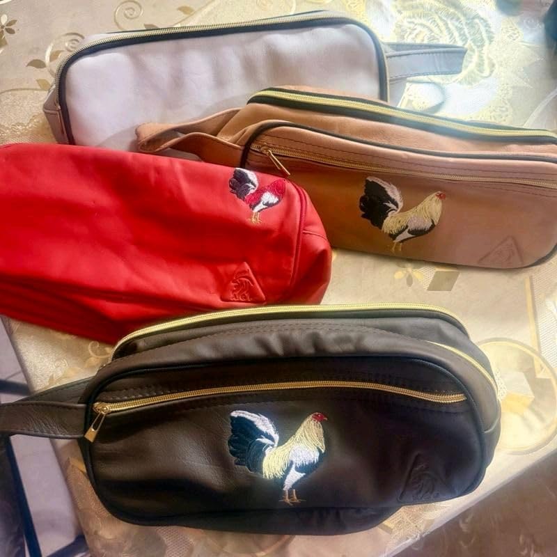 Rooster Embroidered Pouch with Gold Zipper, Faux Leather Collectible Storage Organizer, can Hold 24 Collectibles