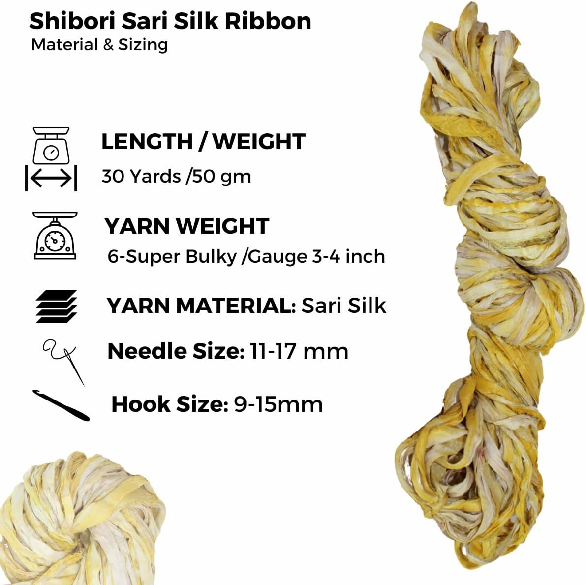 Knitsilk Recycled Shibori Sari Silk Ribbon Yarn- Great for Rug Making, Crochet, Knitting, Embroidery, and Jewelry Making |Sustainable and Unique Texture Ribbon Yarn | 50 GMS-30 Yards-Yellow |