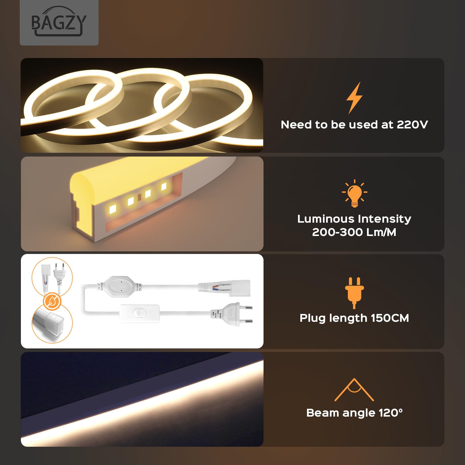 BAGZY Striscia LED Neon 10 Metri Tubo LED Flessibile Esterno Impermeabile Luminosa 220V IP65 120 LED/M Corda Stringa Lampada con Alimentatore di rete e Controller,per Camera da Letto(Giallo)