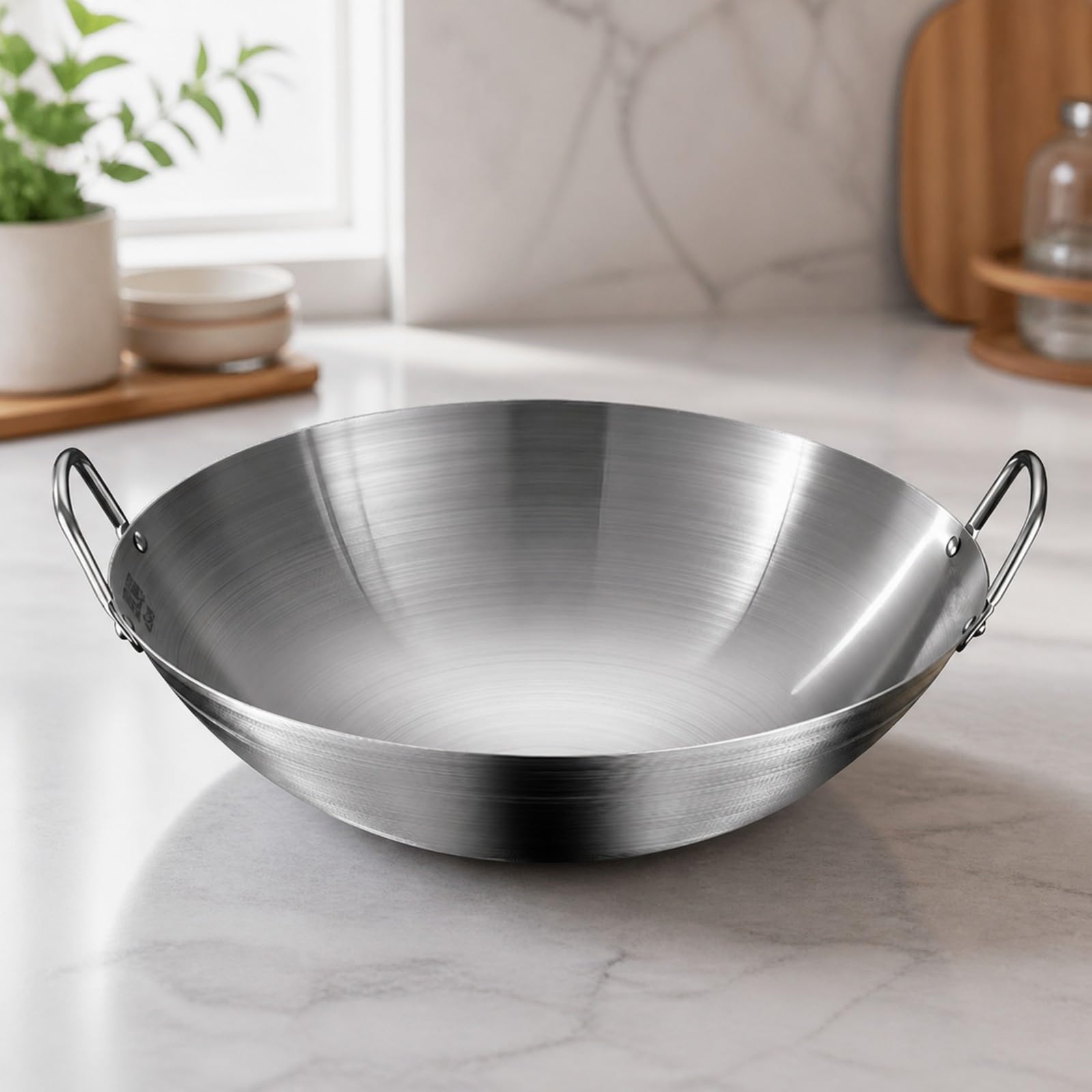 Milageto Wok En Acier Inoxydable Traditionnel, 40CM