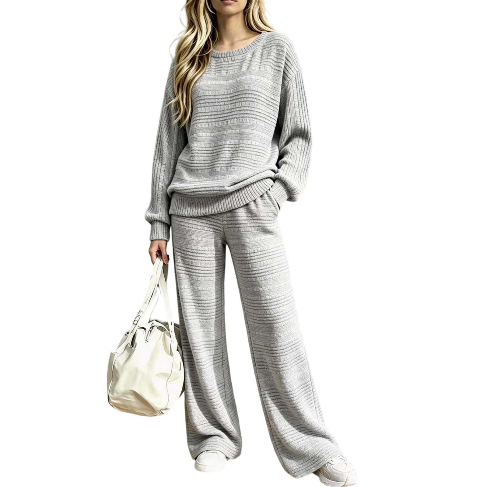 Conjunto de pantalones de pierna ancha de punto texturizado para mujer