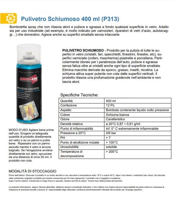 Bomboletta Pulitore Vetro Schiumoso per Cristalli Spray da 400ml, detergente attivo per la pulizia del parabrezza, Schiuma Attiva per vetri e superfici lisce, cura dell'auto, Made in Italy (6)
