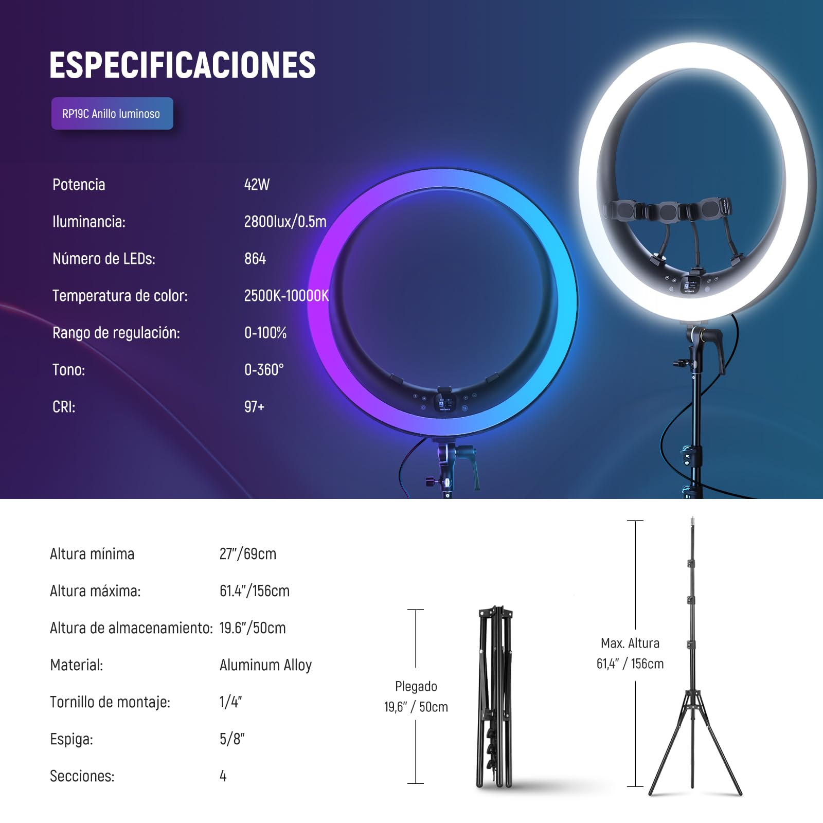 NEEWER 19" Anillo de Luz LED RGB con Soporte, 3 Soportes para Teléfono, Panel Táctil, 2.4G/App Control, 42W CRI97+ 2800lux/0.5m 360° Hue Regulable Iluminación para Transmisión en Vivo Zoom, RP19C