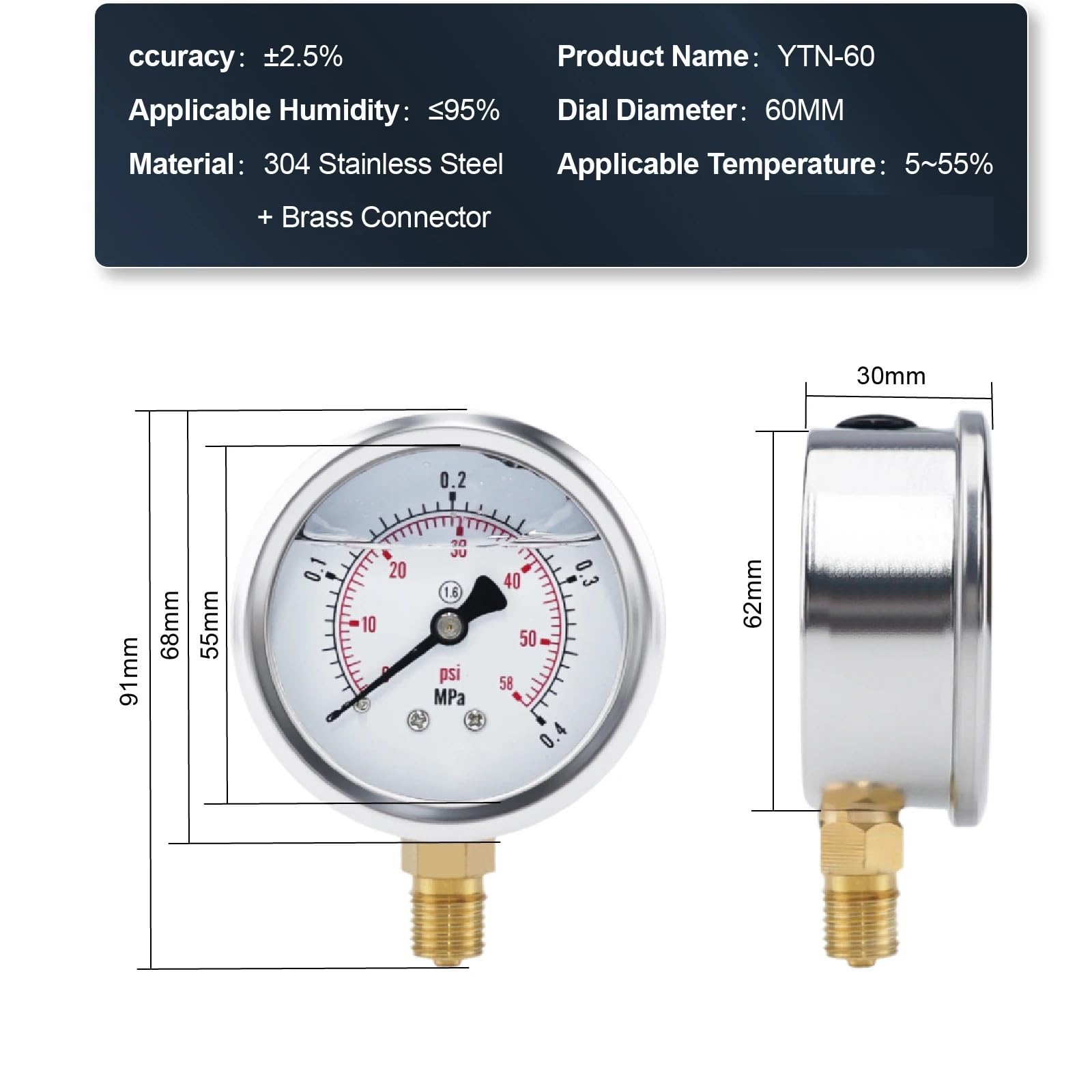 Digitales Manometer aus Edelstahl, YTN60 60mm Manometer G1/2-0,1 MPa-0-60 MPa(0-60Mpa)