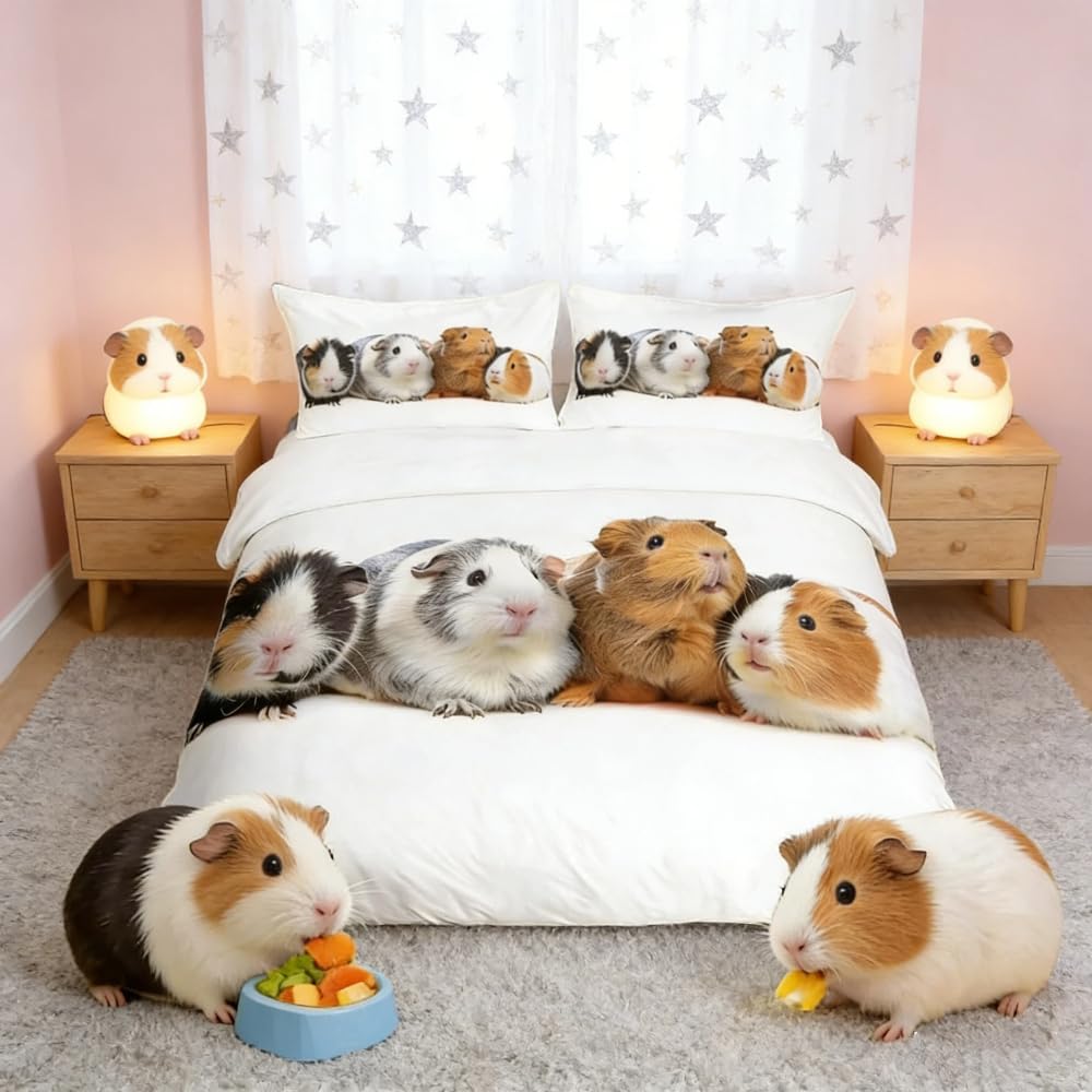 Loussiesd Cute Guinea Pig Bedding Set for Girls Boys Children Kids 3D Pet Mouse Comforter Cover Funny Animal Printed Duvet Cover Child Room Decor Bedspread King Size Bedding Collection 3Pcs
