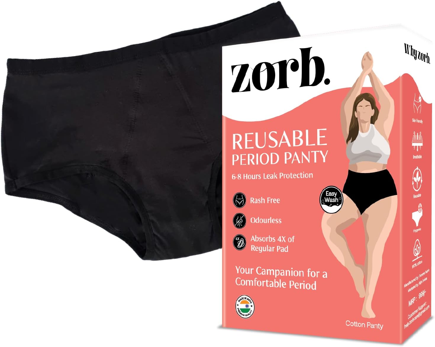Zorb. Spandex Reusable Period Panty For Women Comfortable Period Panties For Women Leak Proof Suitable For Heavy Flow Absorbs 4X Of Sanitary Pad Black, Xl