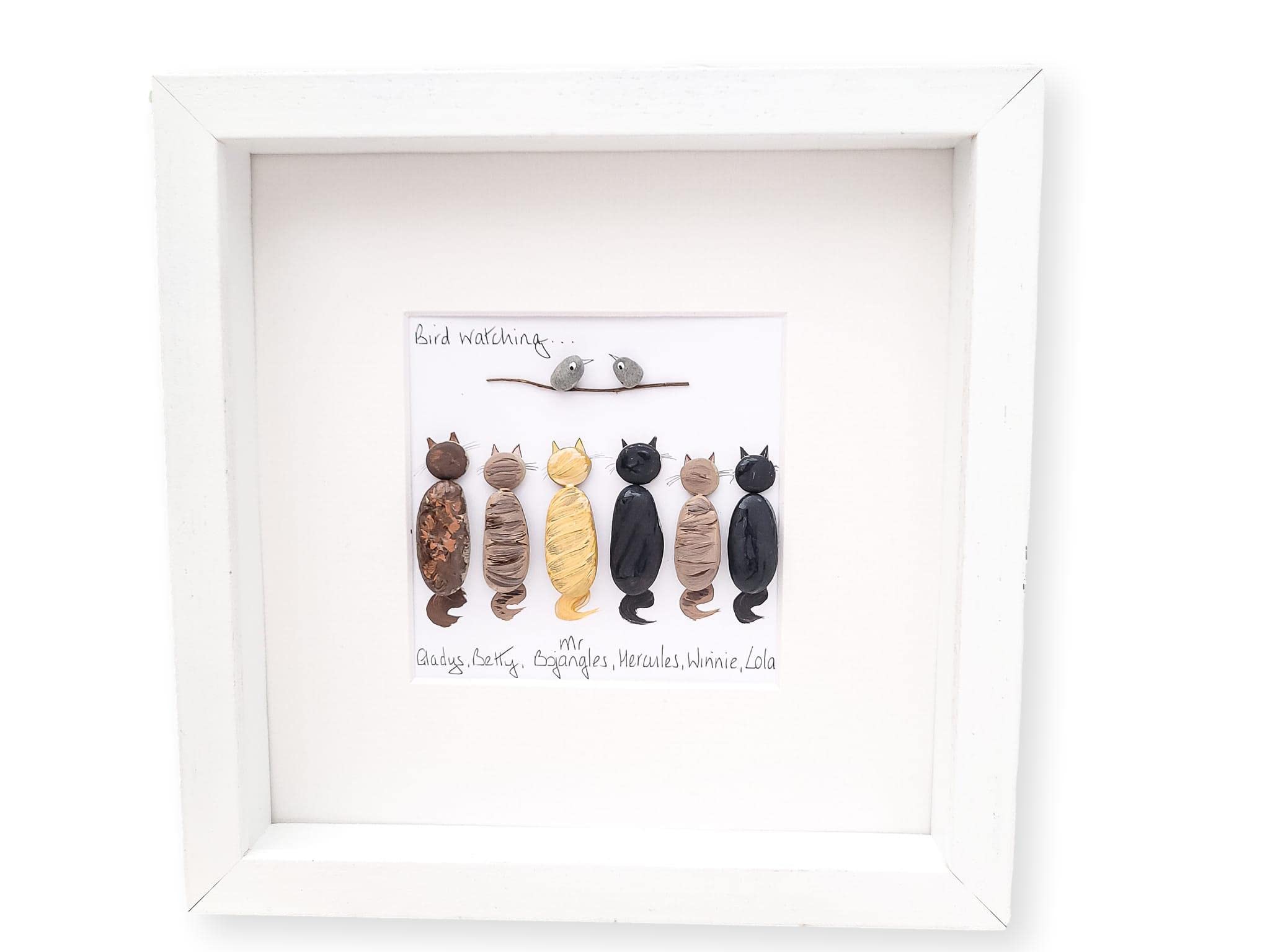 Cats Family Framed Portrait Gift Pebble Art Picture Personalised Cat Lover 25 x 25 cm Available in White, Black, Natural Wood Effect or Grey