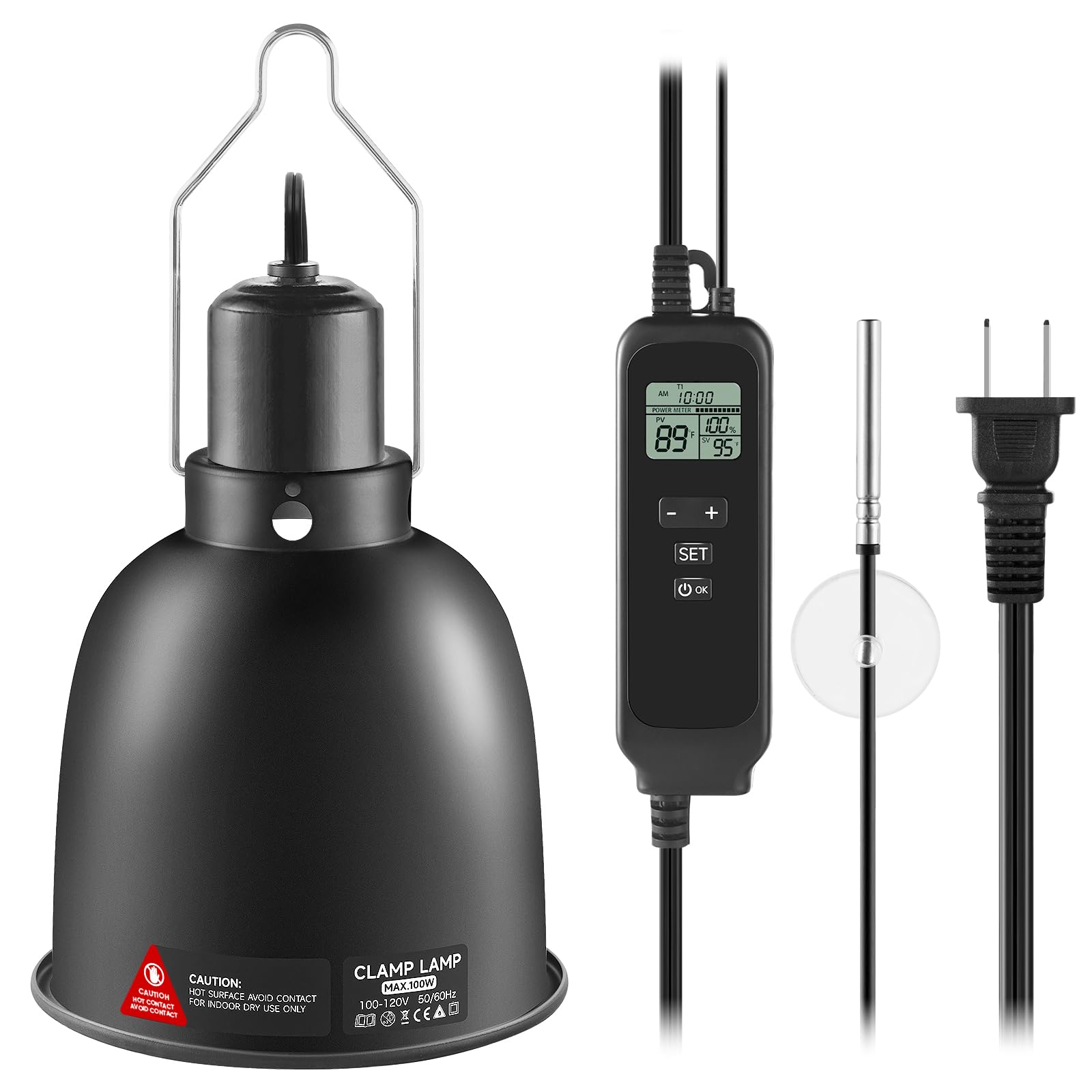 5.5 inch Reptile Heat Lamp Fixture with Thermostat and Timer,Reptile Light Fixture with Dimming Thermostat Max 100W,PID Temperature Controller for UVB Lights,Basking Heat bulbs and Terrariums