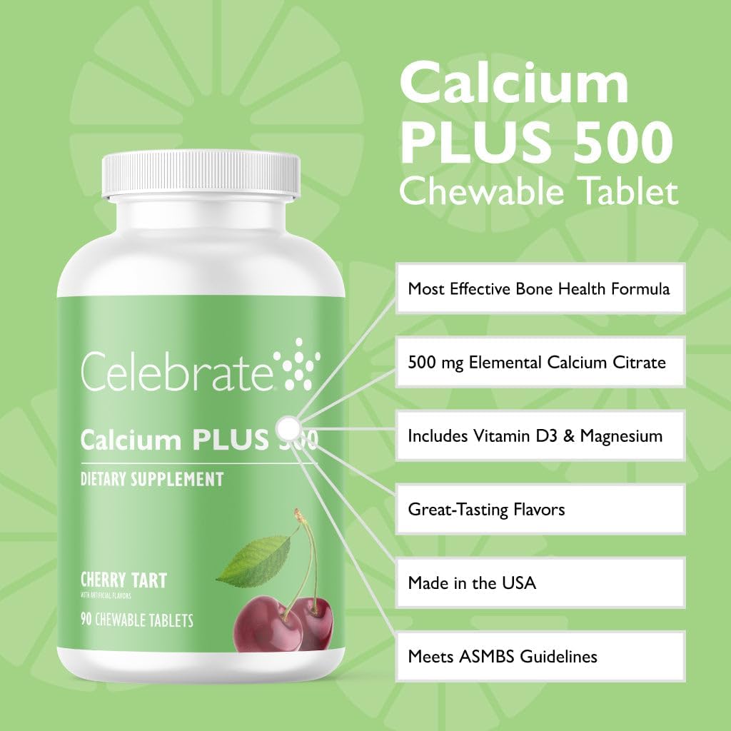 Celebrate Vitamins Calcium Plus - 500mg Calcium Citrate, 333 IU Vitamin D3 & 34mg Magnesium for Post Bariatric Surgery - Gluten-Free & Sugar-Free - Cherry, 90 Chewable Tablets