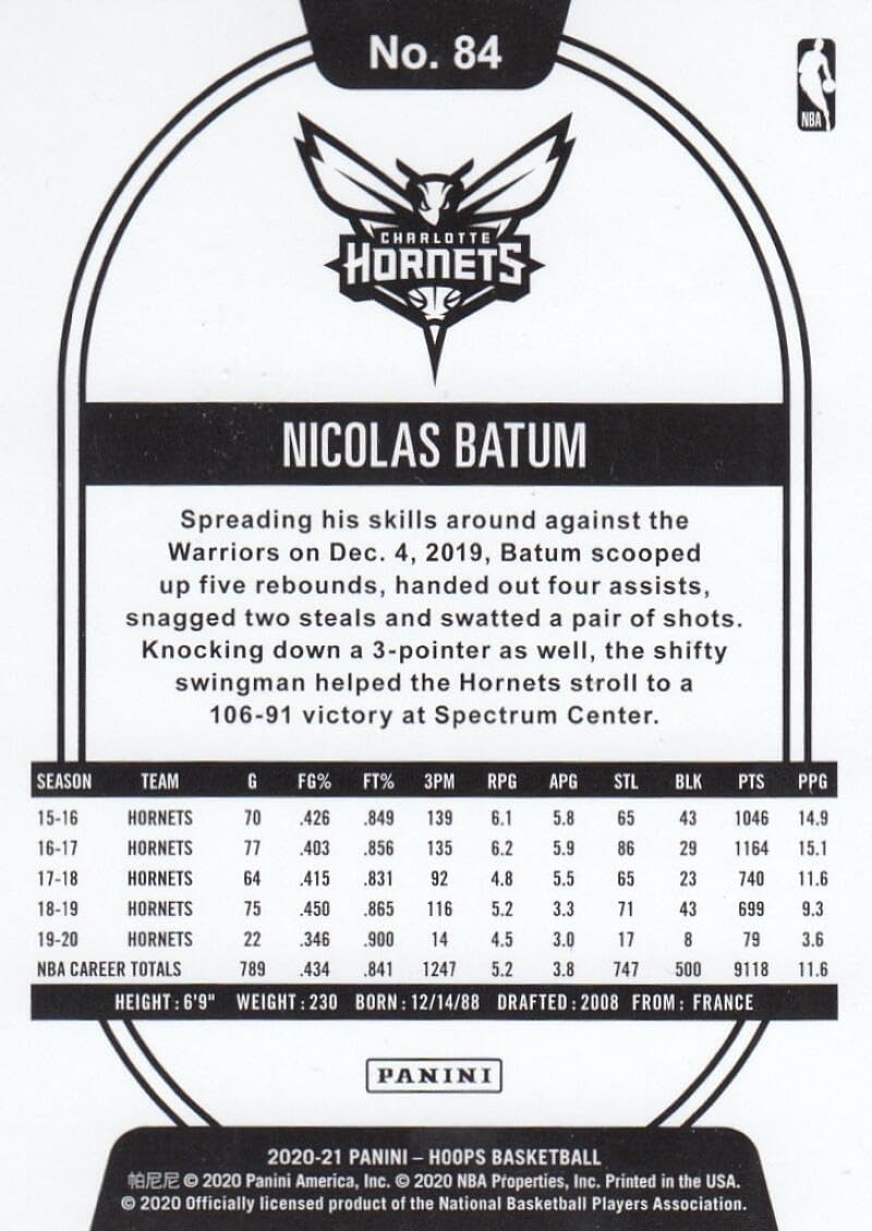 Basketball Trading Card 2020-21 Panini Hoops Artist Proof Gold #84 Nicolas Batum EX/NM 5/10 Hornets JERSEY NUMBER MATCH