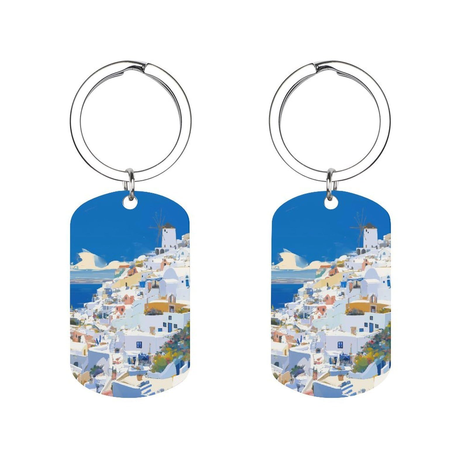 XJHMMAEASD Keychains Santorini Scene Blue Sky Metal Keychain Keyring Hanging Ornament Key Ring