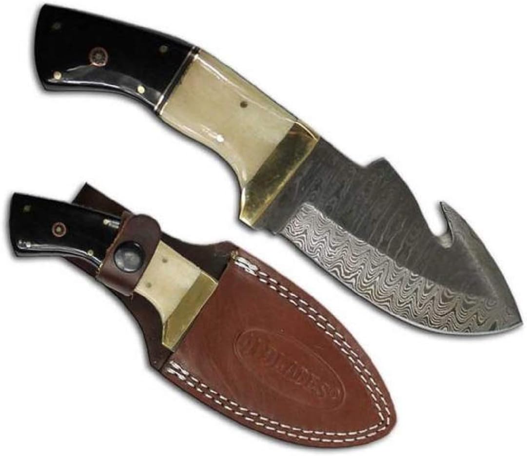 AJ-8309-DB 8.5" Horn/Bone Handle Damuscus Gut-Hook Blade Hunting with Leather Sheath Knife