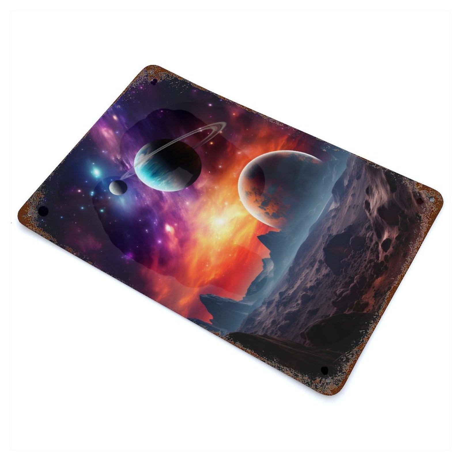Space Landscape Planets 11.8"x7.9" Rusty Metal Tin Sign, Novelty Wall Decor for Cafe, Home Bar And Lounge Decor