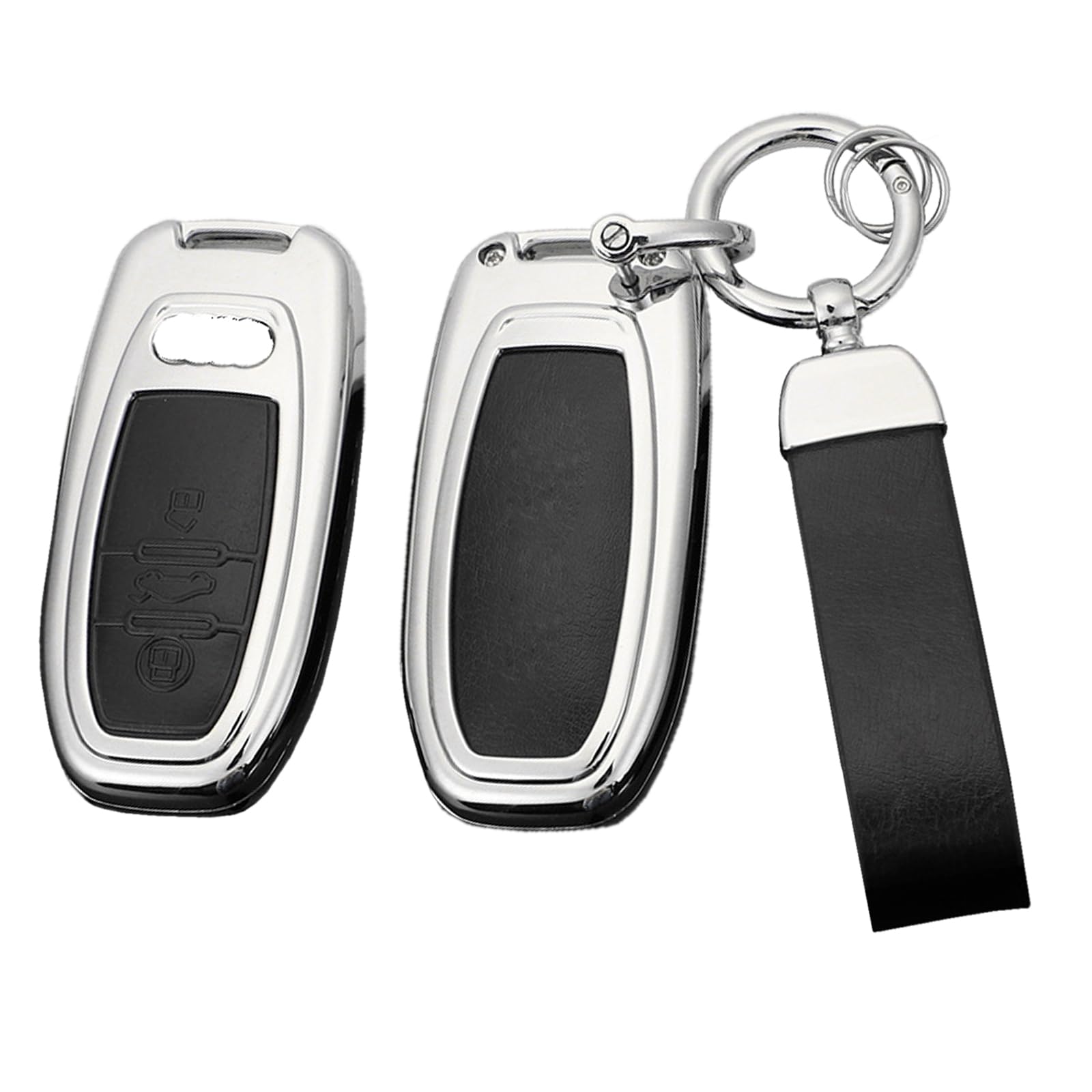 Car Key Fob Cover with Keychain for Audi Accessories, Car Key Holder for Audi Q5 A4 A5 A6 A7 A8, Car Key Case for 3-Button Smart Remote, Zinc Alloy+Leather Car Key Shells (Black)