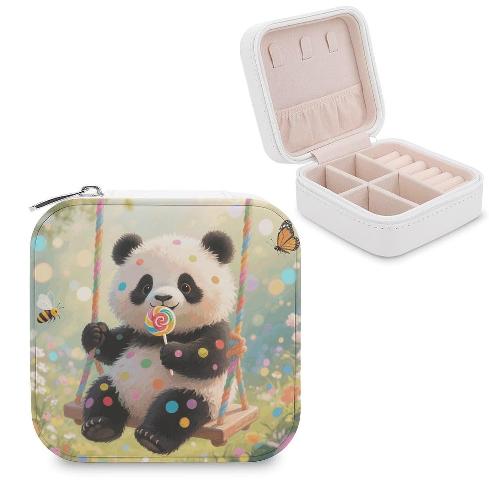 VstaDank Panda Dots Jewelry Box for Women Jewelry Organizer Storage Case with Zipper Mini Travel Jewelry Case Cute Trinket Organizer Leather Portable Jewelry Storage Box