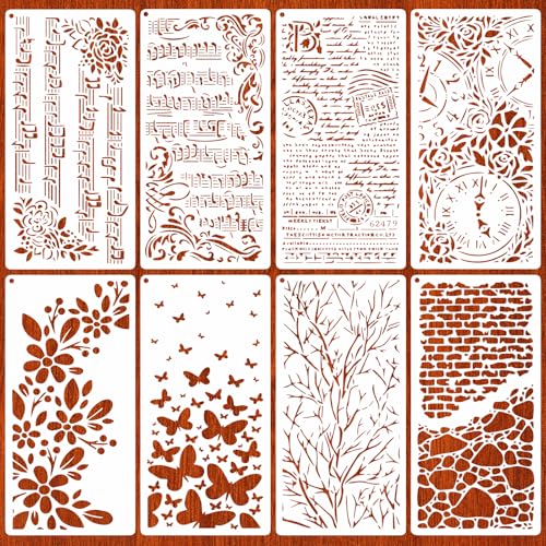 MWOOT 8 peças modelos de textura para pintura, modelo de desenho reutilizável para trabalhos manuais, palmilhas notas musicais ramos flores para pintura em tela Scrapbooking móveis