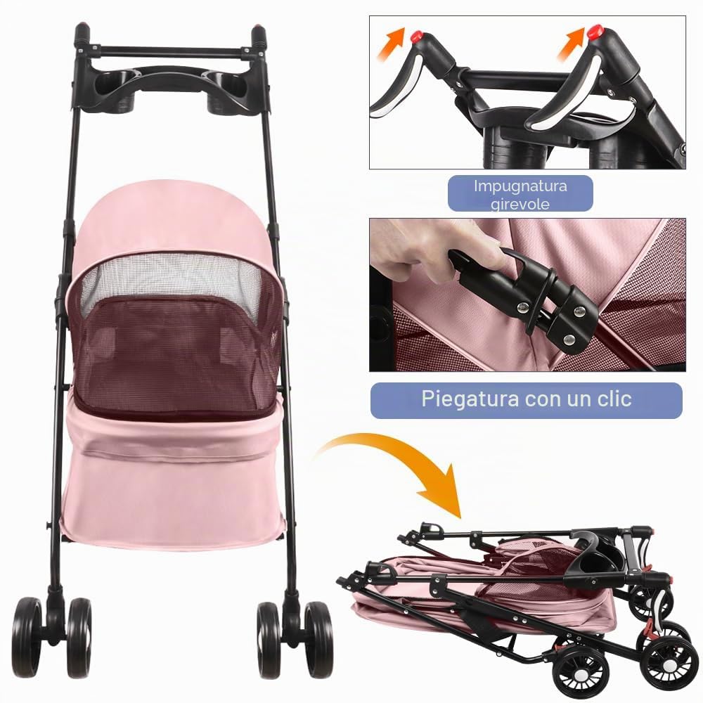 Homewell Passeggino per cani 2 in 1, con 2 portabevande, pieghevole, con freno di stazionamento, passeggino per animali domestici, 50 x 70 x 99 cm (rosa)