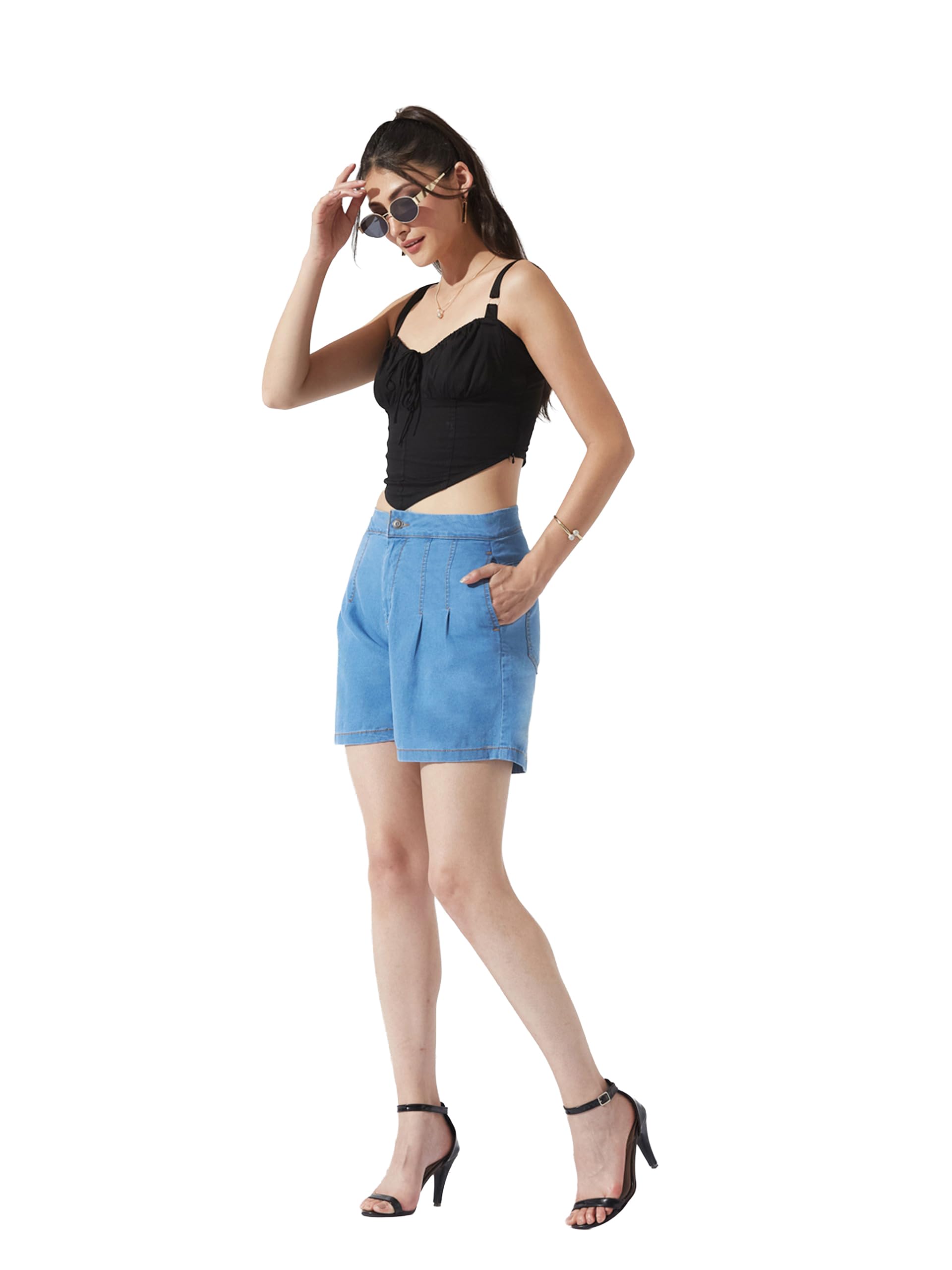 miss chase Women's Flared High-Rise Regular-Length Stretchable Special Light-Weight Denim Shorts-picture-17