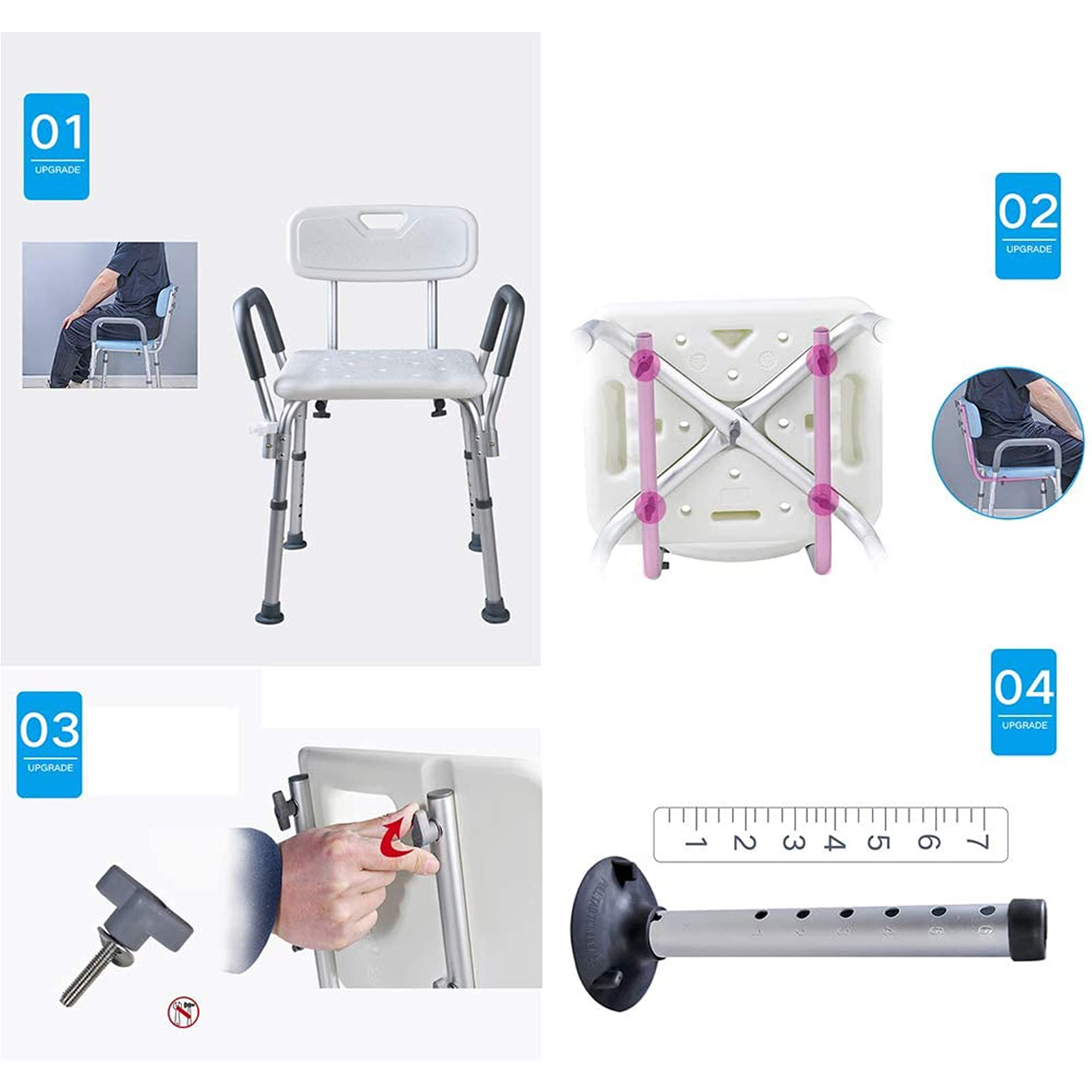 Asientos de Ducha para Ancianos con Brazos Altura Ajustable Trabajo Pesado, Bancos de Ayuda para Silla de Ducha para Adultos Discapacitados, con Soporte para Cabezal de Ducha