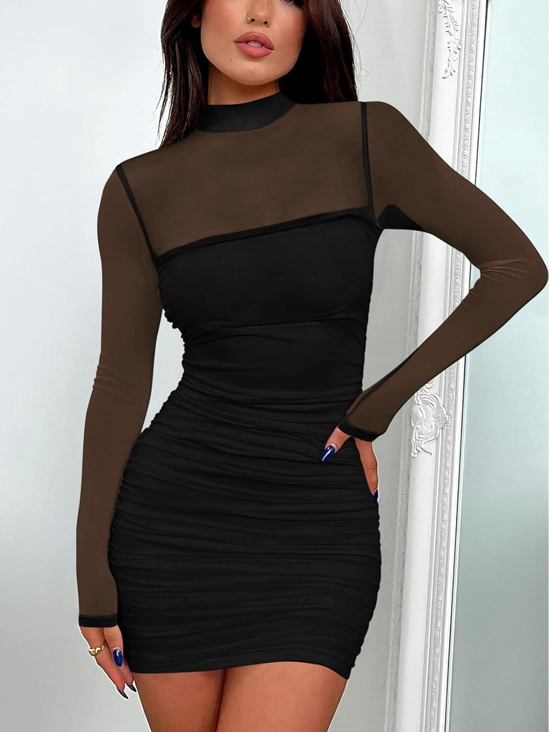 Yousify Womens Ruched Mesh Sheer Mini Dress Bodycon Sexy Mock Neck Long Sleeve Going Out Party Club Dresses - Image 2
