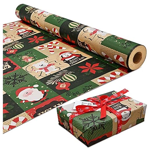 DOJoykey Paquete de rollo de 43 cm x 15 m Papel de Navidad, papel Kraft impreso con patrón de Navidad Papel de regalo reciclable para papel de regalo de fiesta de Navidad