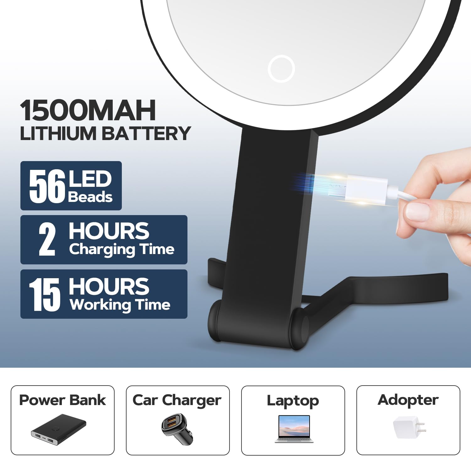 MIYADIVA Specchio per il trucco illuminato, specchio ingranditore 30X con luce, specchio da appendere e portatile con manico, nero