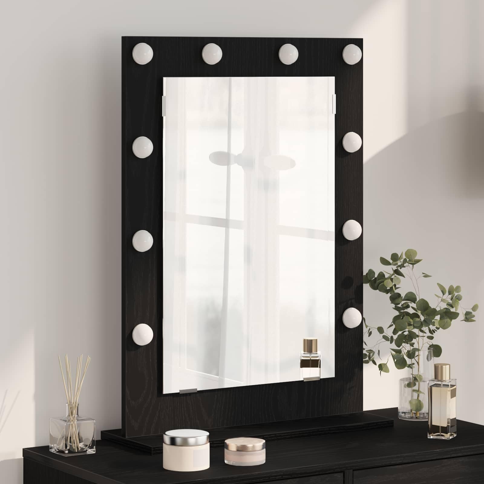 LED Schminkspiegel Schwarz Eichen-Optik 70 x 50 x 18 cm, USB Flachspiegel für Bad, Kosmetik und Rasur, warmweißes Licht im Innenbereich