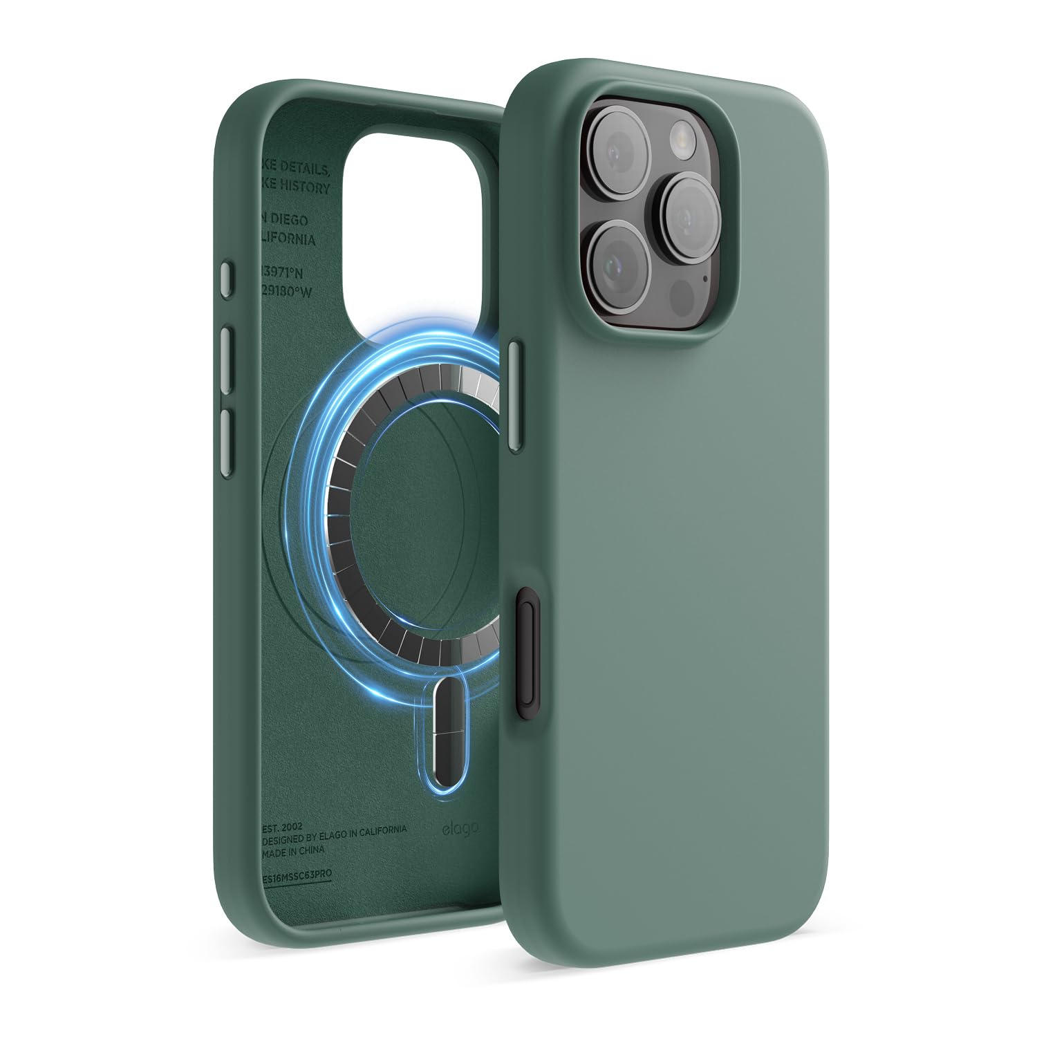 elago Cover Magnetica in Silicone Compatibile con iPhone 16 Pro Cover 6.3 pollici Compatibile con tutti gli accessori MagSafe - Magneti Integrati, Silicone a Presa Morbida, Antiurto (Notte Verde)