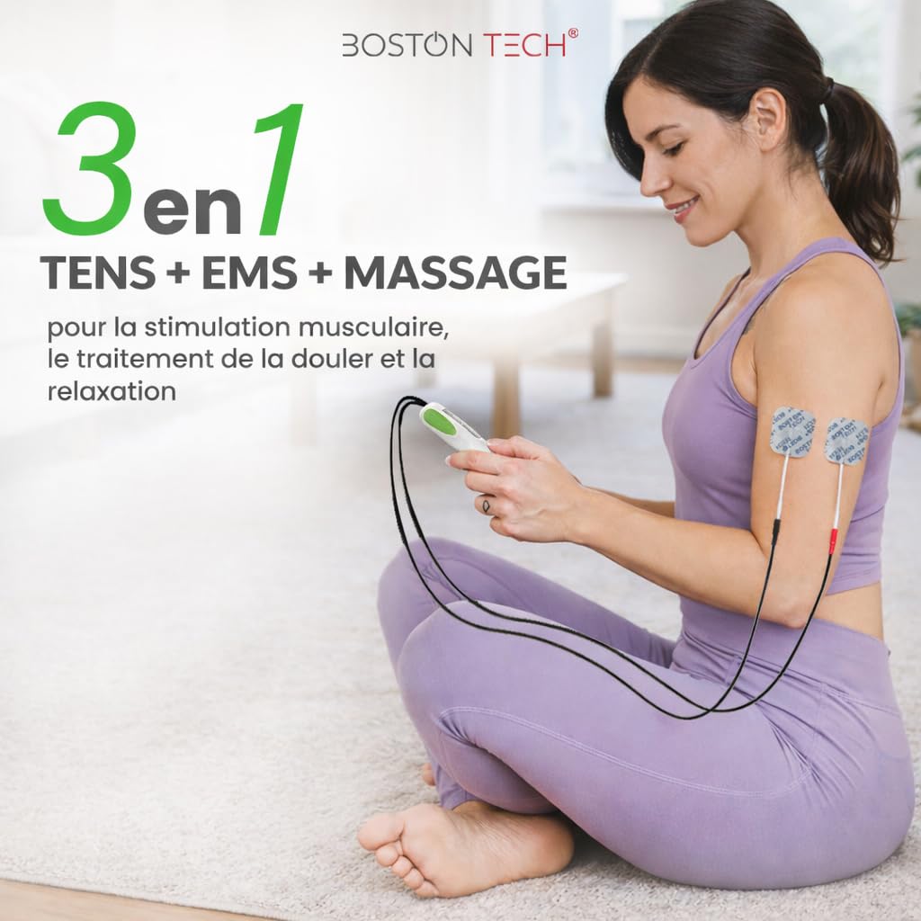 Boston Tech® Stimulateur musculaire 3 en 1 avec fonctions TENS/EMS/massage | 2 canaux, 36 programmes à intensité réglable, 4 électrodes. Soulage, réhabilite et renforce les muscles. Piles incluses.