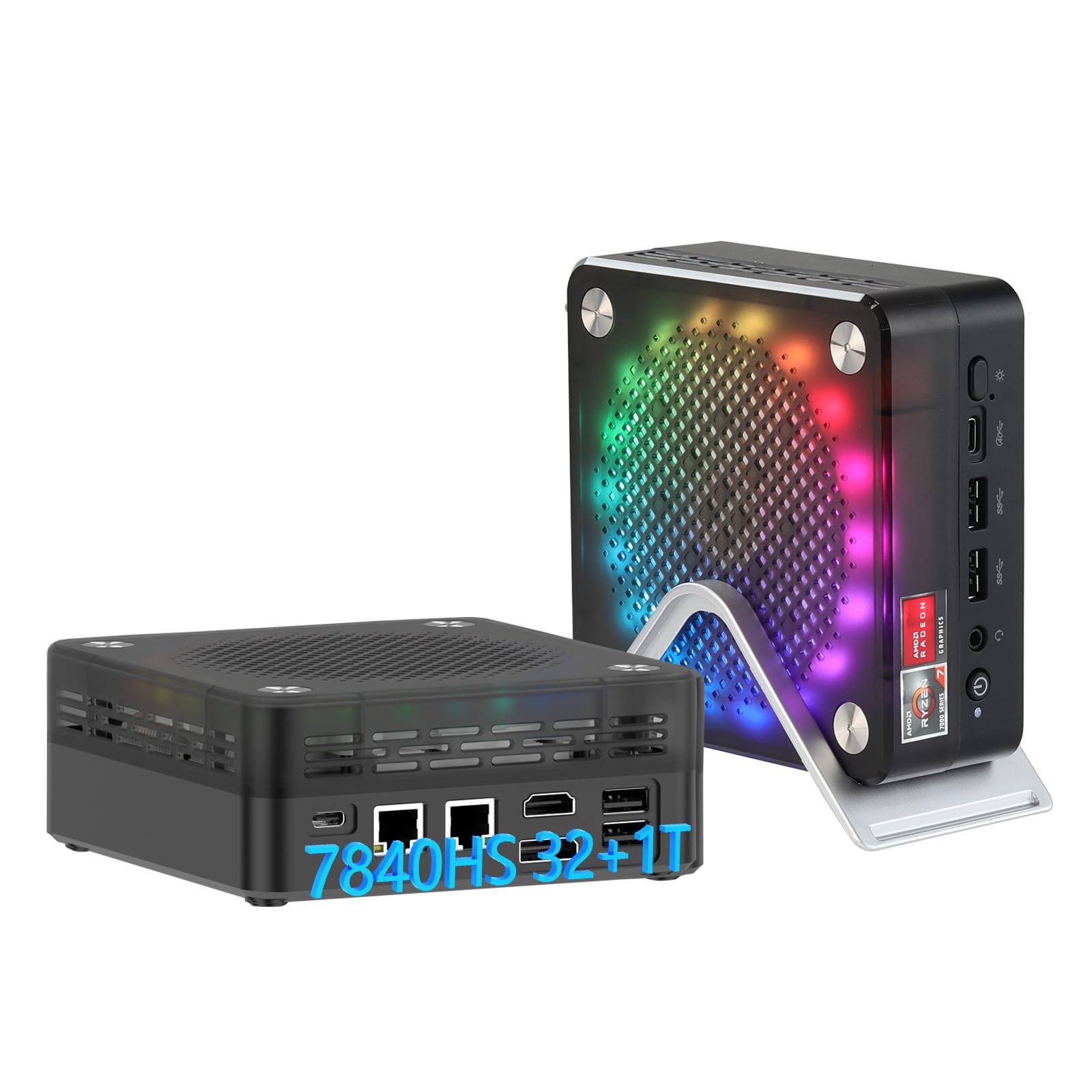 AWOW Mini PC da gioco con AMD Ryzen 7 7840HS (8 core, fino a 5,1 GHz), 32 GB DDR5, SSD PCIe 4.0 da 1 TB, grafica Radeon 780M, display 4K, funzionamento silenzioso, WiFi 6, BT 5.2, Dual 2.5G LAN